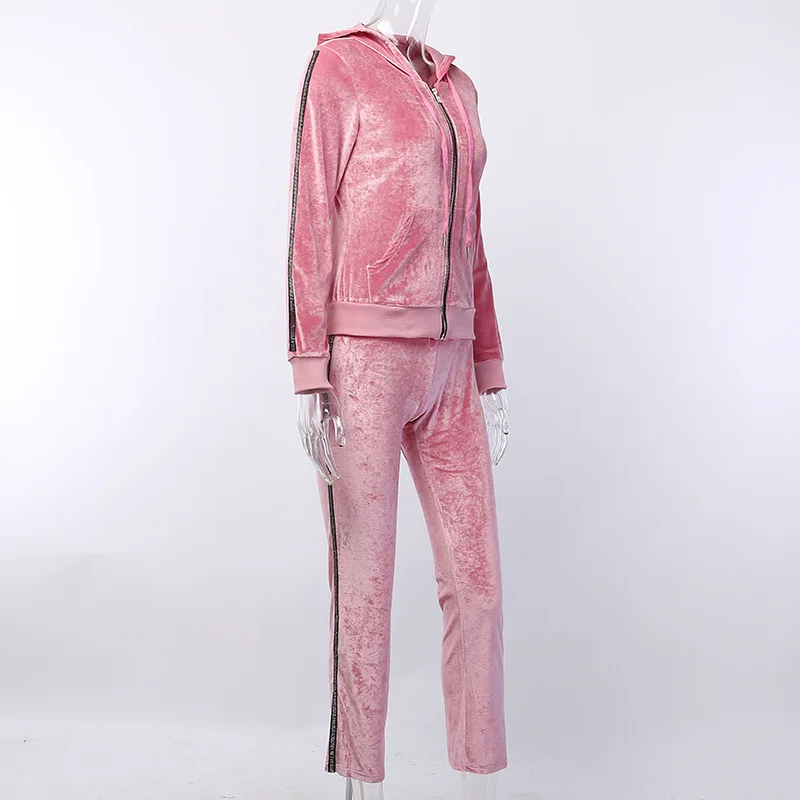 XUANSHOW Women Tracksuit Diamond Webbing Casual Two Piece Set Autumn Winter Velvet Long Sleeve Zip Pocket Hoodies Long Pant Set