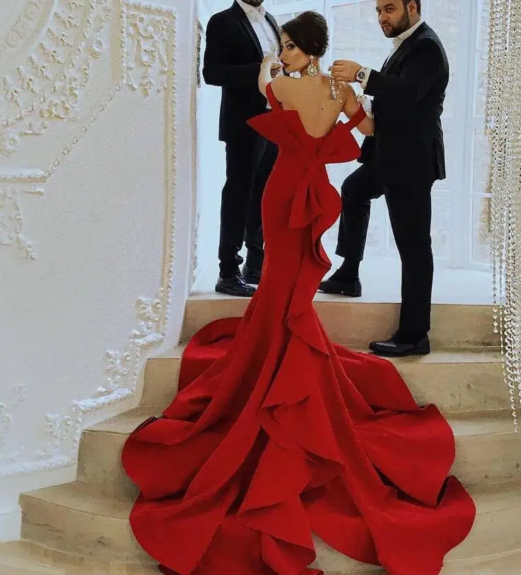 as the picture Красный Prom Dress Mermaid плюс Размеры v-образным вырезом с открытыми плечами Многоуровневое с открытой спиной и бантом длинным шлейфом вечерние праздничные платья - Цвет: as the picture