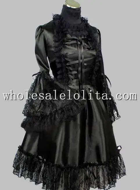 

Gothic Black Lace Up Silk-like Victorian Inspired Dress Knee Length