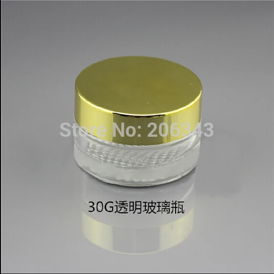Прозрачная стеклянная баночка для крема с золотой крышкой 30 г косметики
