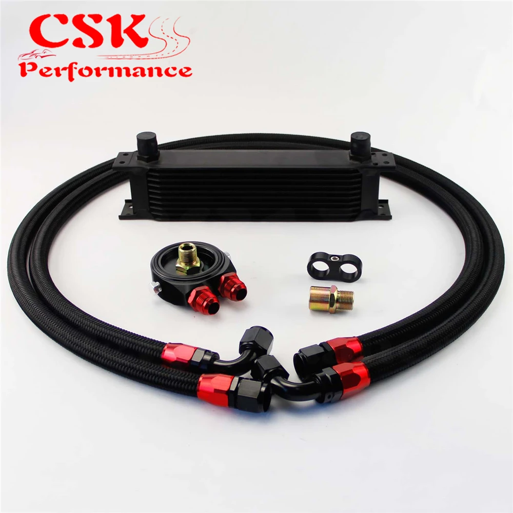 

10 ROW AN10 UNIVERSAL ENGINE TRANSMISSION OIL COOLER + FILTER KIT BLACK