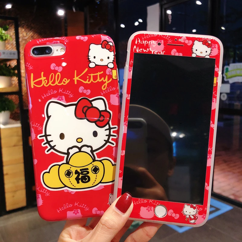 Cute Hello Kitty case For iPhone XS max XR X &amp Tempered Glass Screen film Red KT Soft Cover for 8 8plus 7 7P 6 6S 6SP |