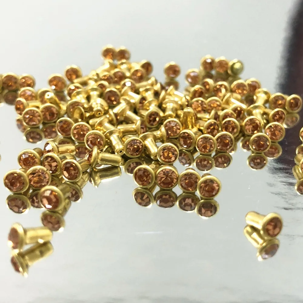 

New Coming DIY 100PCS 4MM Gold Plated CZ+++ Champagne Crystal Rivets Leather Craft Punk Studs Fit DIY Hand Making Shipping Free