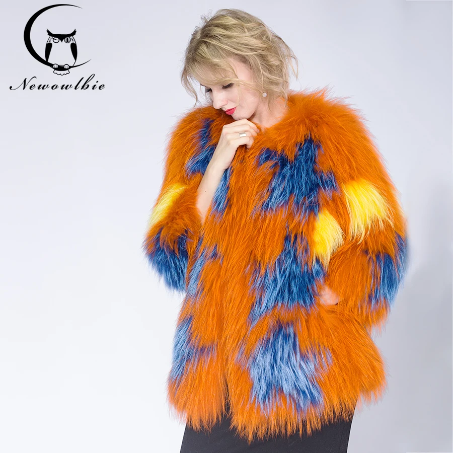 Knitted fashion jacket womens  Raccoon dog fur coat tan sheep fur coats short  jacket real fur coat
