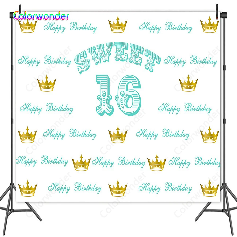 

Colorwonder Sweet Sixteen Birthday Party Theme Photo Background Green Words with Golden Crown 5x7ft Seamless White Backdrop
