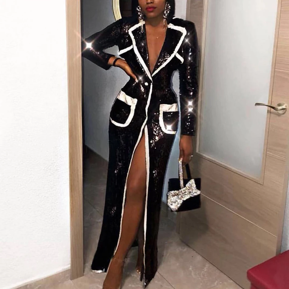 Seamyla 2020 New Fashion Women Coat Long Sleeve Runway Trench Sexy Split Black Sequined Celebrity Evening Party Coats Vestidos | Женская