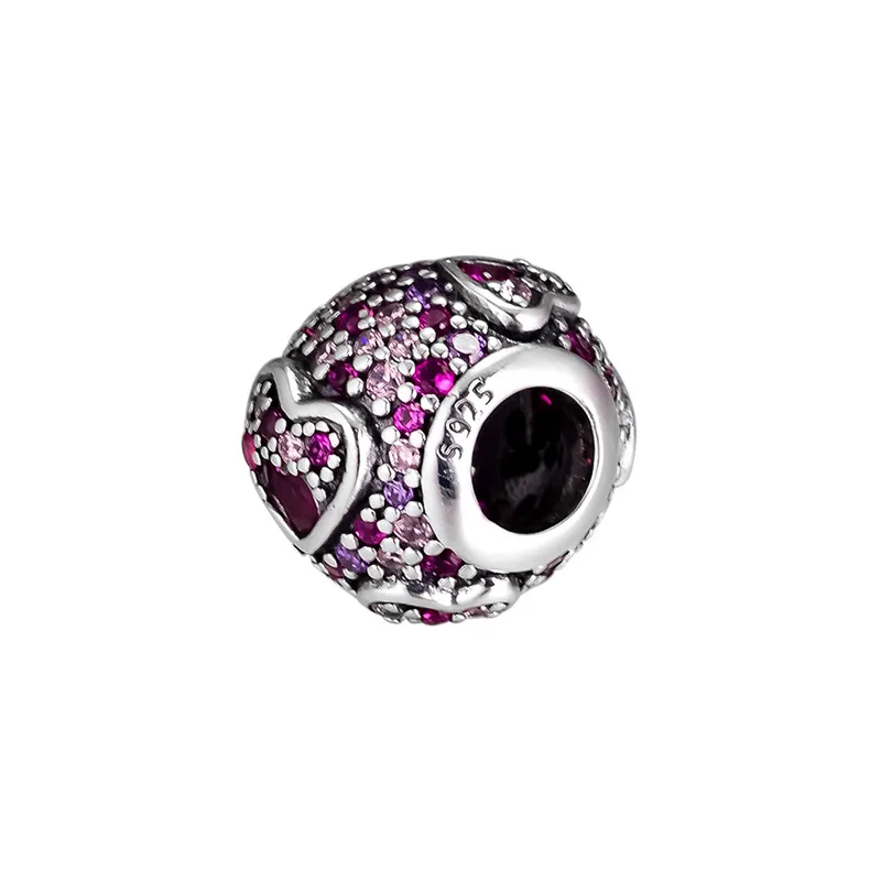 Fit Pandora браслет Асимметричные сердца любви шарм красный и розовый CZ фиолетовый