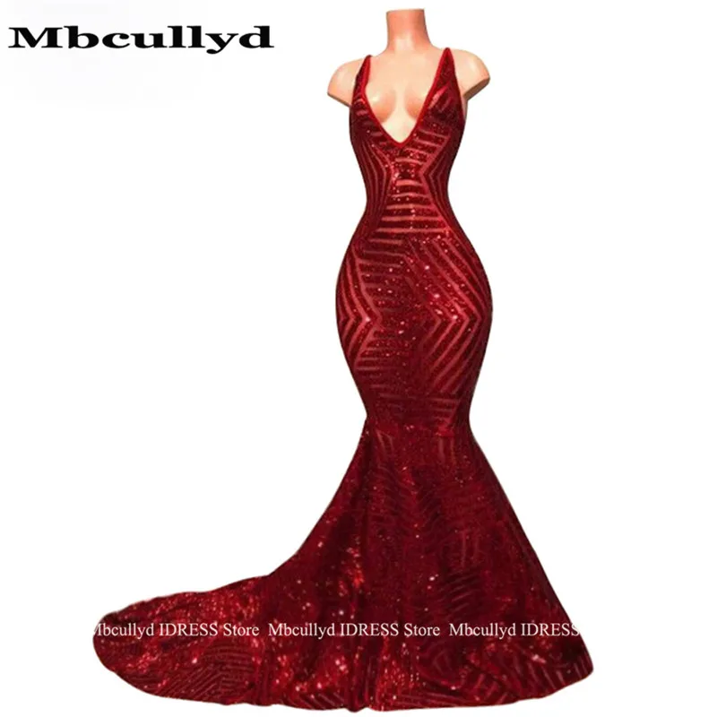 

Sexy V-neck Mermaid African Evening Dresses for Black Girls Shining Sequins Formal Sweep Train Plus Size Women Prom Gala Gowns