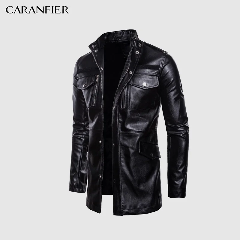 Мужские кожаные куртки CARANFIER мотоциклетная ветровка средней длины байкерские