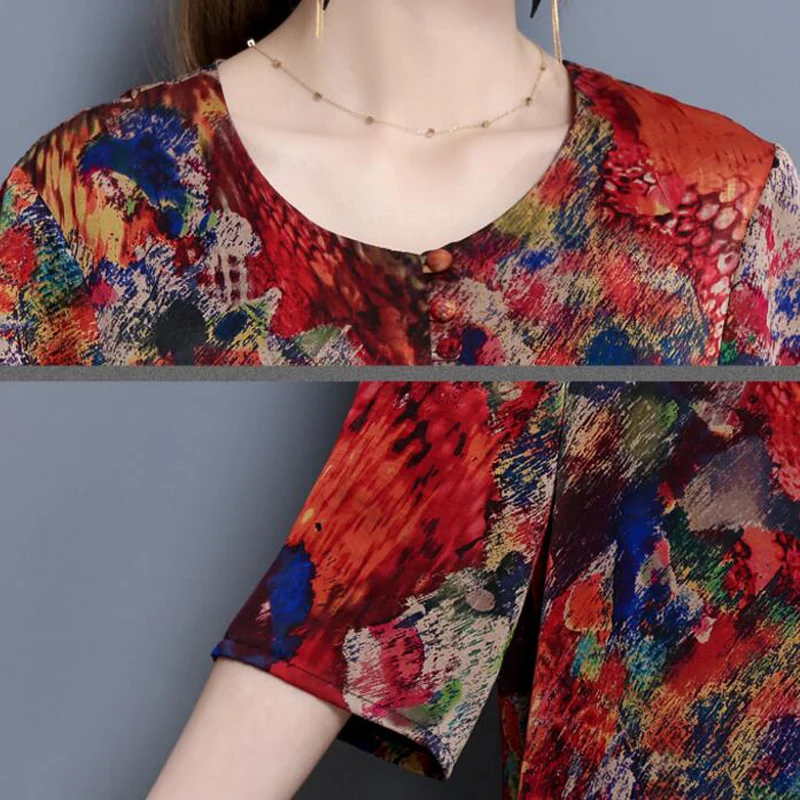 

2019 New Plus Size 4XL New Summer Vintage A-line Print Dress Elegant Real Silk Dresses Loose O-Neck Fashion Long Dresses RE2401