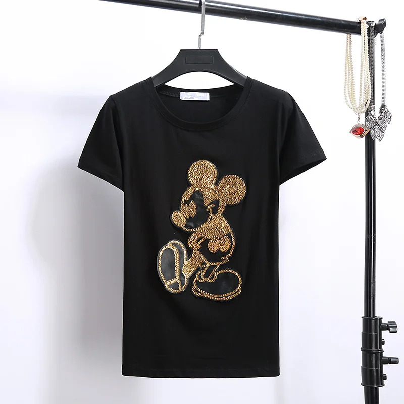 

East Gate sequin cartoon mouse embroidery thin cotton short sleeved T-shirt all-match schoolgirl tees tops