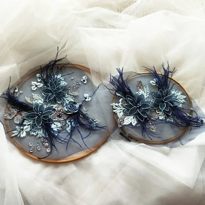 Blue a set 2 шт. набор ярких цветов синие страусиные перья стерео цветок бусина палочка дрель Кружева патч аппликация свадебные ручной работы DIY аксессуары - Цвет: Blue a set