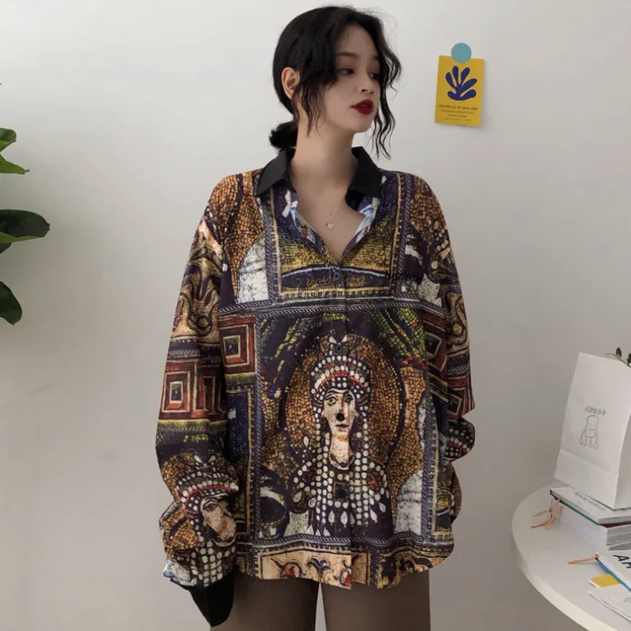 BF Harajuku уличная женская одежда блузки винтажная рубашка оверсайз с принтом