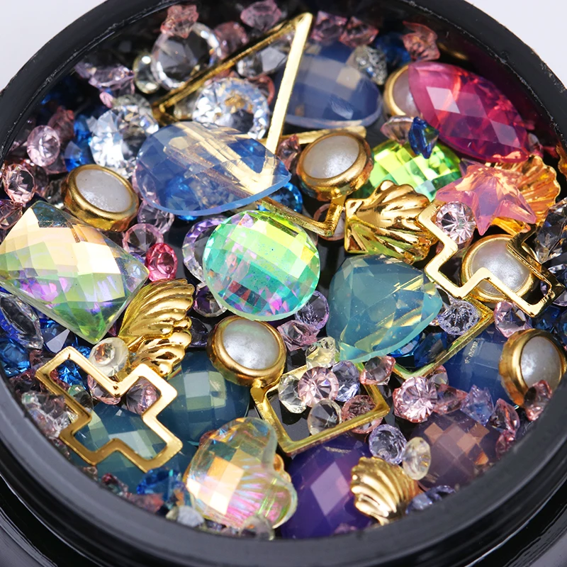 Colorful Mixed Nail Acrylic Rhinestones Flat Bottom Clear Multi-size Alloy Metal Frame Shell Manicure 3D Art DIY Decoration | Красота и