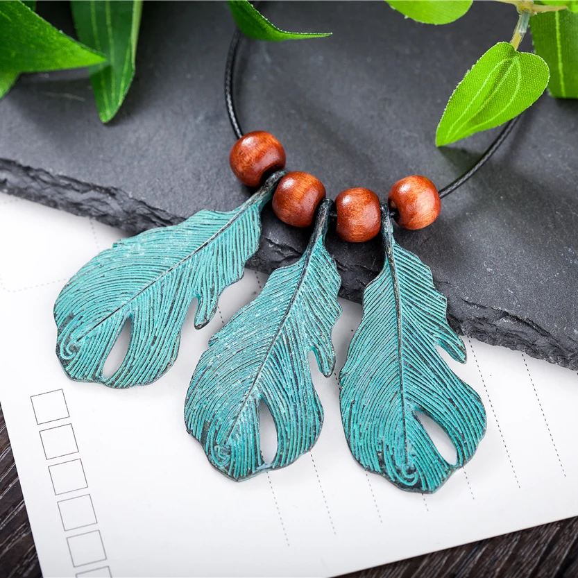 2017 Винтаж Колье Для женщин основа для кулонов и ожерелья зеленый перья женщина