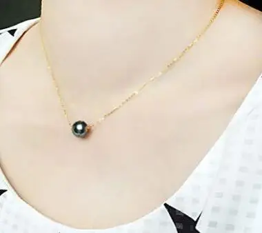 

free shipping >>>>noble jewelry gorgeous 10-11mm tahitian round black green pearl necklace 17.5" 14k gold chain