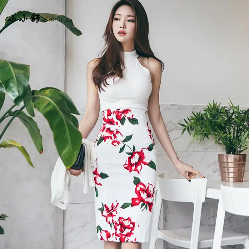 Small Su 2 Pieces Autumn Womens White Knitted Tops Sundress Halter Sexy Party Vintage Bandage Print Pencil Dresses 2017 Vestidos | Женская