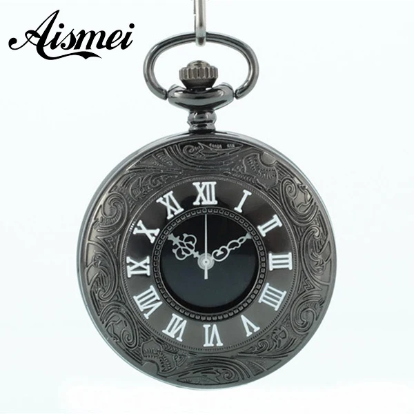 

25pcs/lot Classic Steampunk Roman Dial Quartz Skeleton Steel Mens Black Pocket Watch wholesale send by EMS or DHL