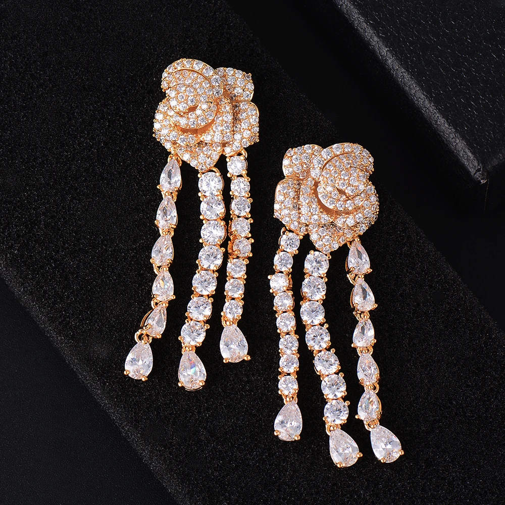 

SisCathy New Luxury Noble Brand Blooming Flower Waterdrops Crystal Drop Earrings for Women Bridal Wedding Engagement Jewelry