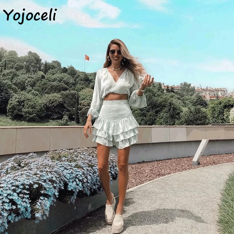 Yojoceli bean зеленая юбка в горошек с оборками для женщин 2019 летняя Милая уличная мини