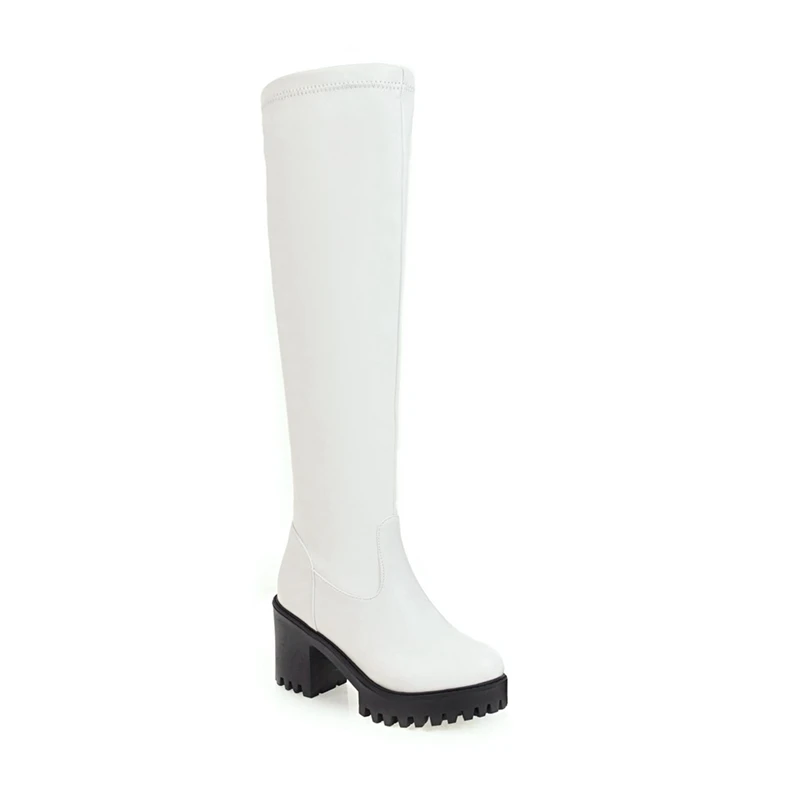 White velvet Girseaby, новинка, большие размеры 34-45, 14, женские пикантные высокие сапоги на толстой платформе, без шнуровки, на высоком квадратном каблуке Водонепроницаемые зимние черные, белые, F198 - Цвет: White velvet