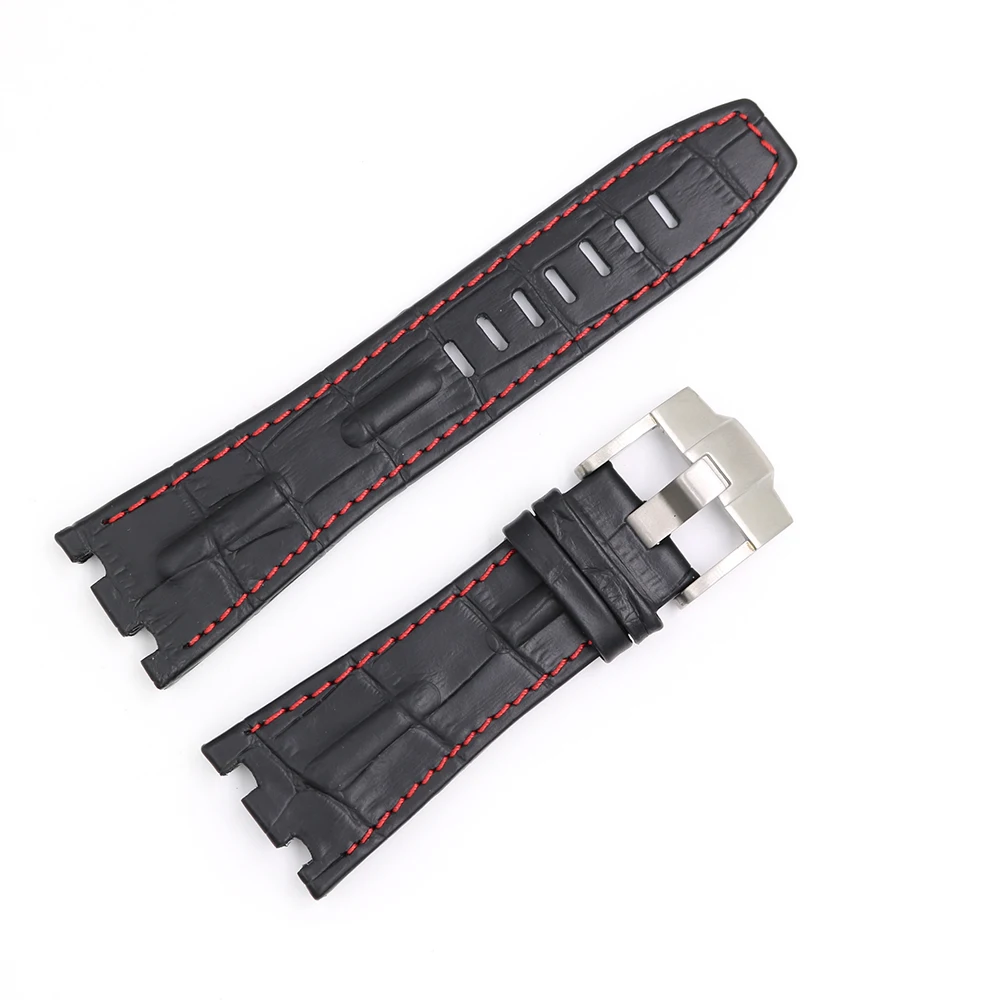 CARLYWET 28mm Black Real Leather Handmade Thick Wrist Watch Band Strap Belt For Oak Offshore 42mm