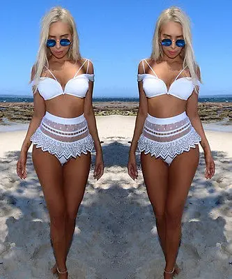 Женский купальник с пуш-апом бикини высокой талией и подкладкой белый сетчатый