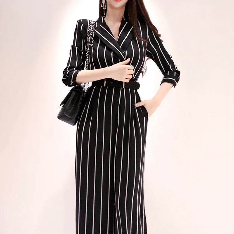 Wide Leg Jumpsuit Overalls 2019 Long Trousers Fashion Women Striped Office Lady Elegant With Belt plus button front striped wide leg cami jumpsuit