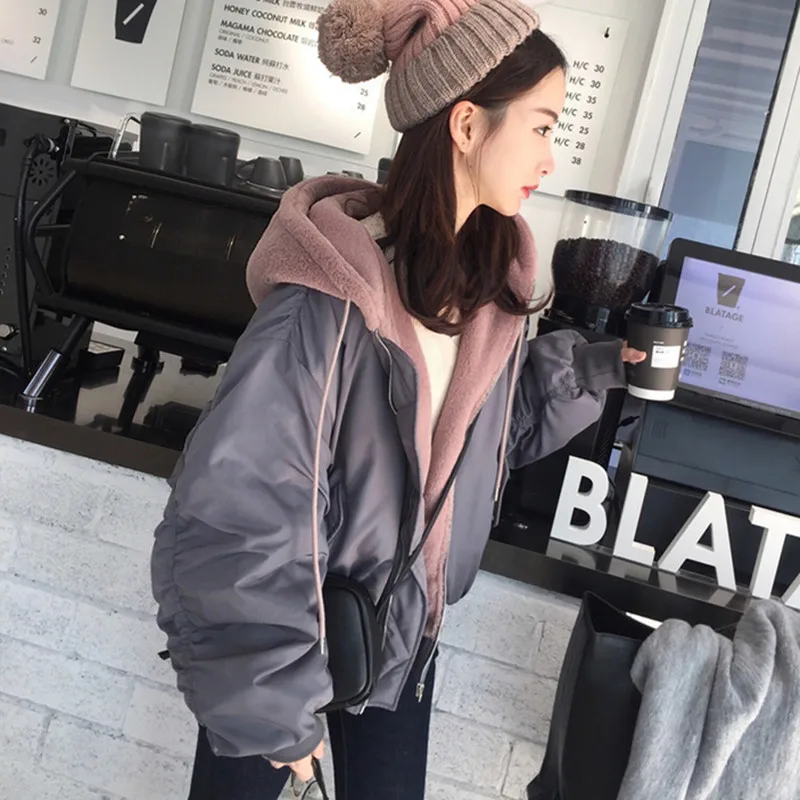 2019 New Women's Winter Cotton Jacket Harajuku S Hooded Lamb Wool Pink Zipper Baseball Coat Pockets Chaqueta De Mujer AC121 | Женская