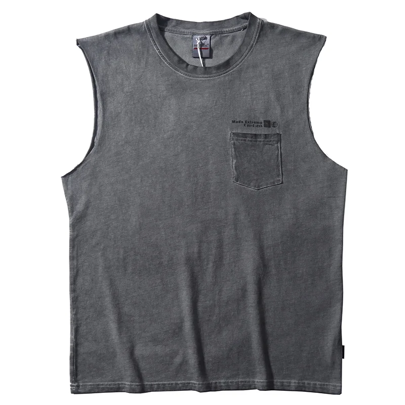 2019 Fashion Brand Street Retro Simple pocket shoulder sleeveless vest Men's summer hip-hop Loose Bottom Shirt Stage Costumes | Мужская
