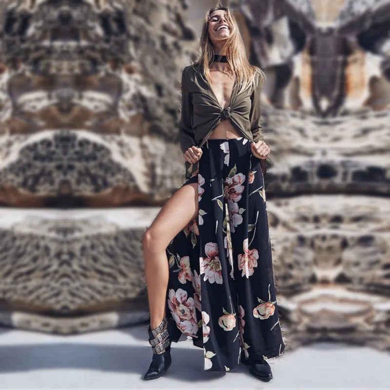 Высокая талия Сплит широкие брюки для женщин 2019 Лето boho талии свободные длинные
