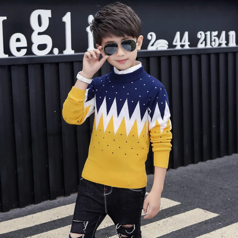 

Children Boys Sweater Autumn/Winter 100% Cotton Patchwork Student Kids Knitting Pullover Sweater For Big Boys 6-16 Y Clj246