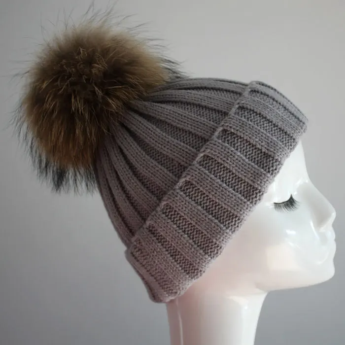 Зимой beanie связанный шлем меха образный колпачок для женщин и теплые зимние человек трикотажные шапочки ёенщин крышки и меховой шапке - Цвет: light gray