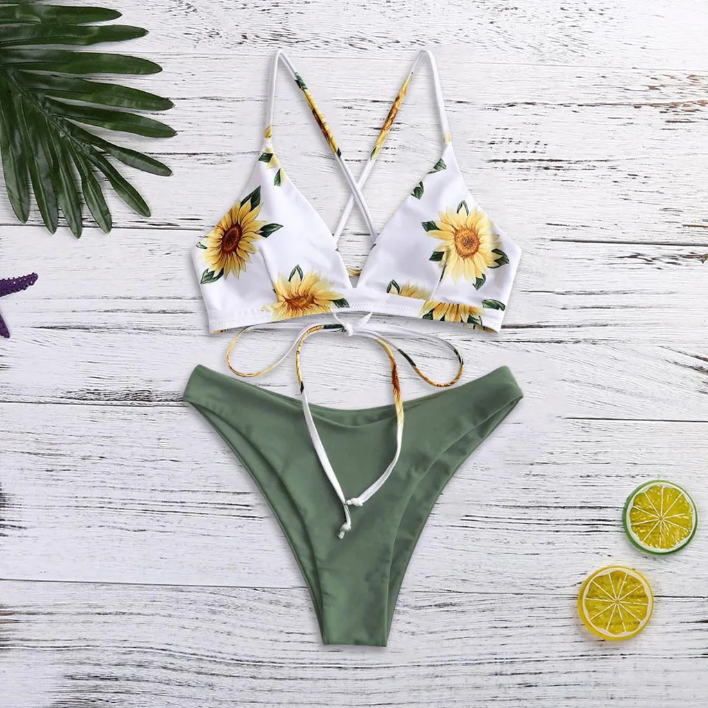 Женский купальник бикини с цветочным принтом комплект из двух предметов пляжный