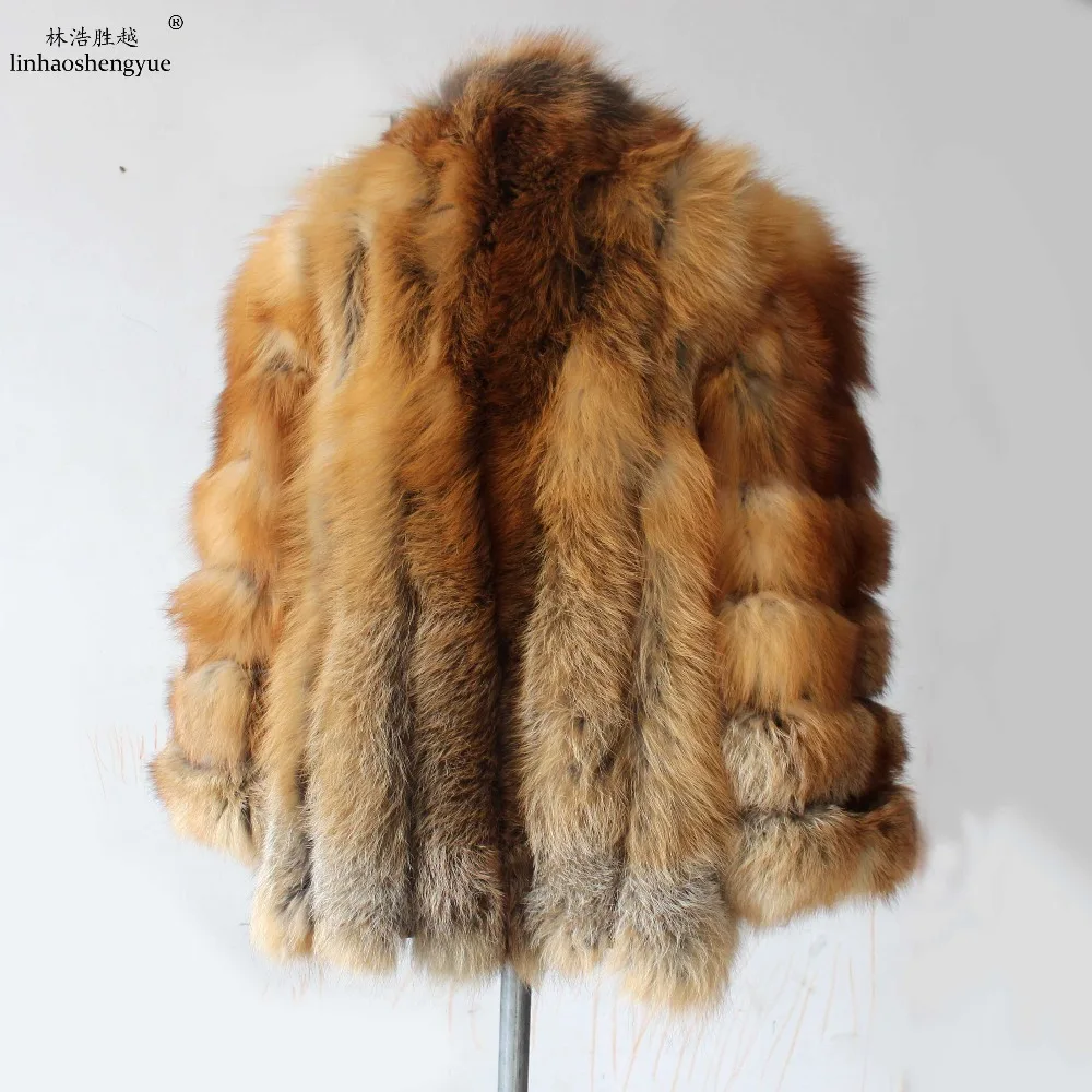 Linhaoshengyue 70cm Fashion Women Red Fox Fur Coat with Stand Collar enlarge