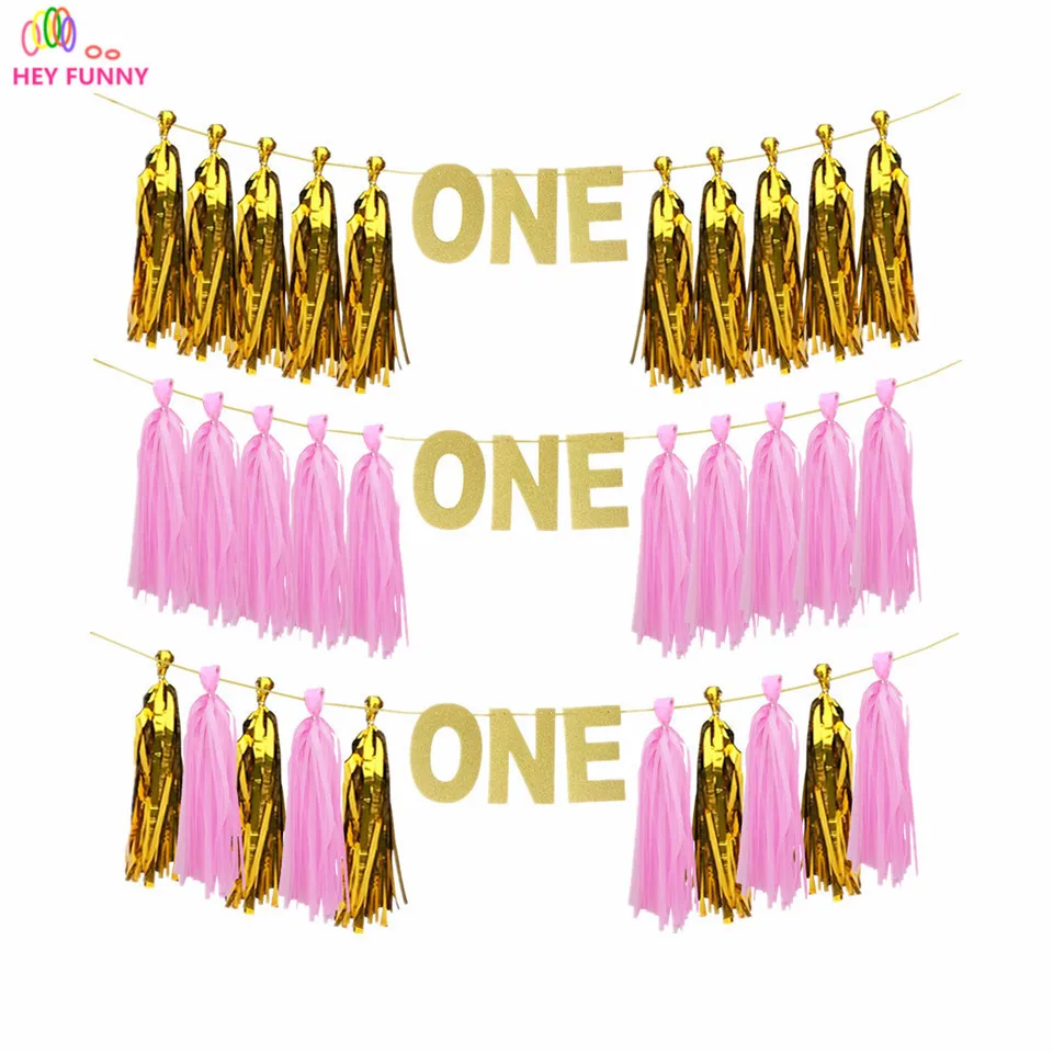 Блеск золота один кисточкой Гирлянда Баннер 1 год на день рождения 1st для