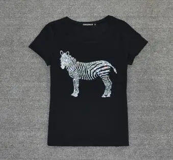 S-XXXL, женская футболка, лето, стиль, футболка с принтом зебры, кристалл, Harajuku, круглый вырез, короткий рукав, хлопок, пара футболок размера плюс - Цвет: Черный