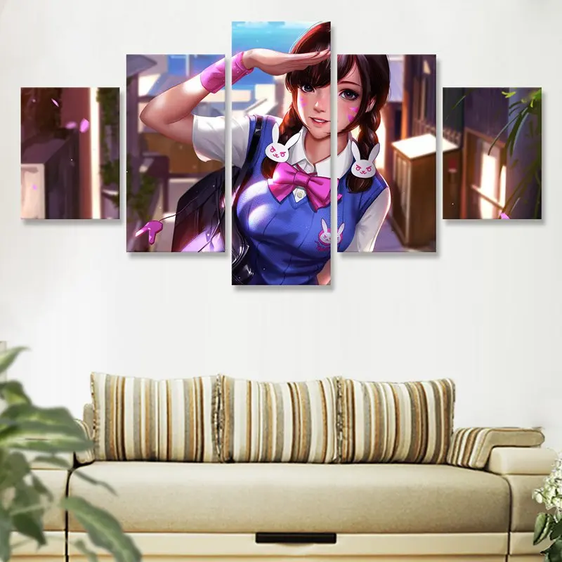Overwatchs D.Va настенная живопись 5 панелей холст Художественная печать плакат