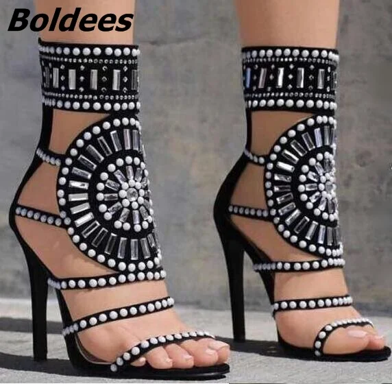 

Summer White Rivets Studded High Heel Sandal for Women Cut-out Crystal Embellished Gladiator Sandals Sexy Shoes