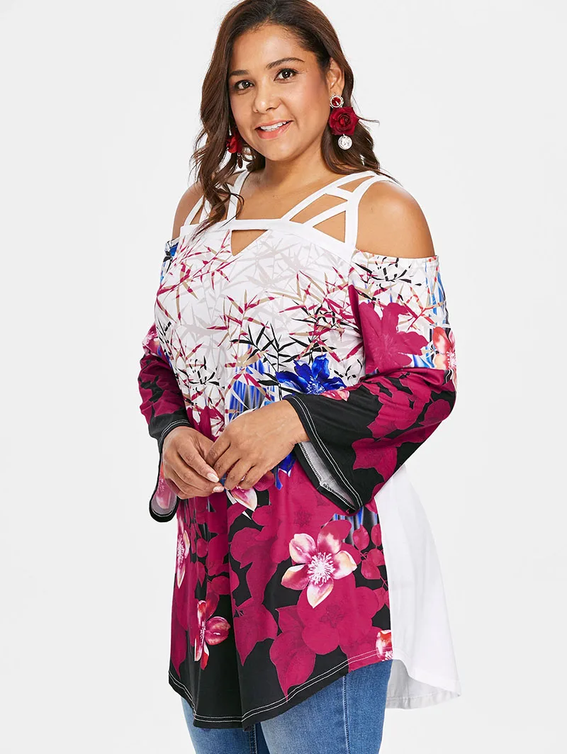 PlusMiss плюс размер цветочный принт Boho холодное плечо Туника Длинные Топы 5XL