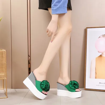 14 FeiYiTu летние Для женщин шлепанцы без задника с открытыми пальцами стиль милое платье в цветочек, в полоску, танкетка Для женщин женская обувь, тапочки открытый носок; женские Тапочки - Цвет: 14