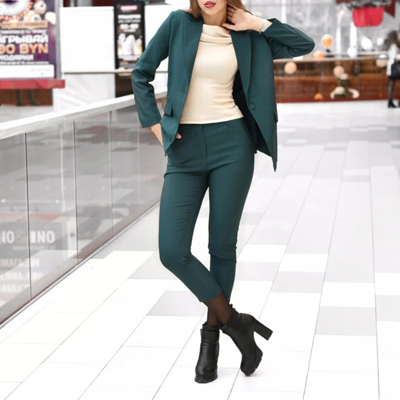 

Business Women Pencil Pant Suits 2 Piece Sets Black Solid Blazer + Pant Office Lady Notched Jacket Female suit