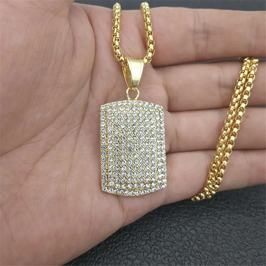 

Hip Hop Iced Out Bling Full Rhinestones Necklace Hipster Man Gold Color Stainless Steel Square Pendant Necklaces Male Jewelry