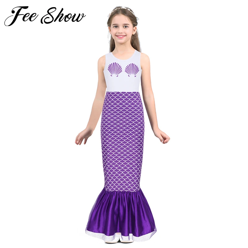 Kids Girls Cute Sleeveless Shell Mermaid Scales Printed Long Dress for Halloween Cosplay Party Costume | Детская одежда и обувь