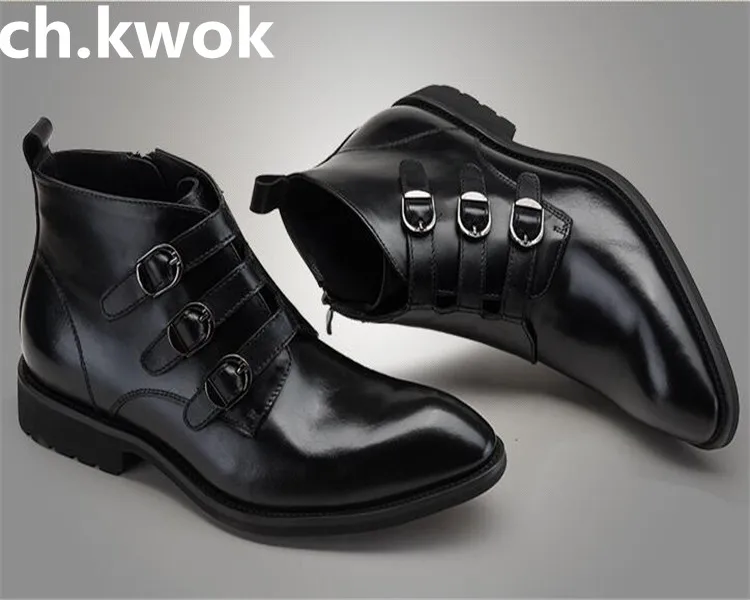 

New pointed toe side zipper leather personality buckle design men dress boots low top ankle martin boots