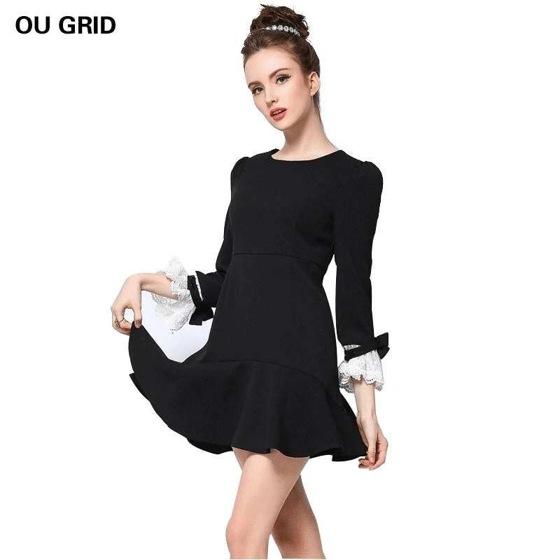 Women Black White Dress 2016 New Patchwork Lace Bow Flare Sleeve O-neck Autumn Ruffles Hem Plus Size | Женская одежда