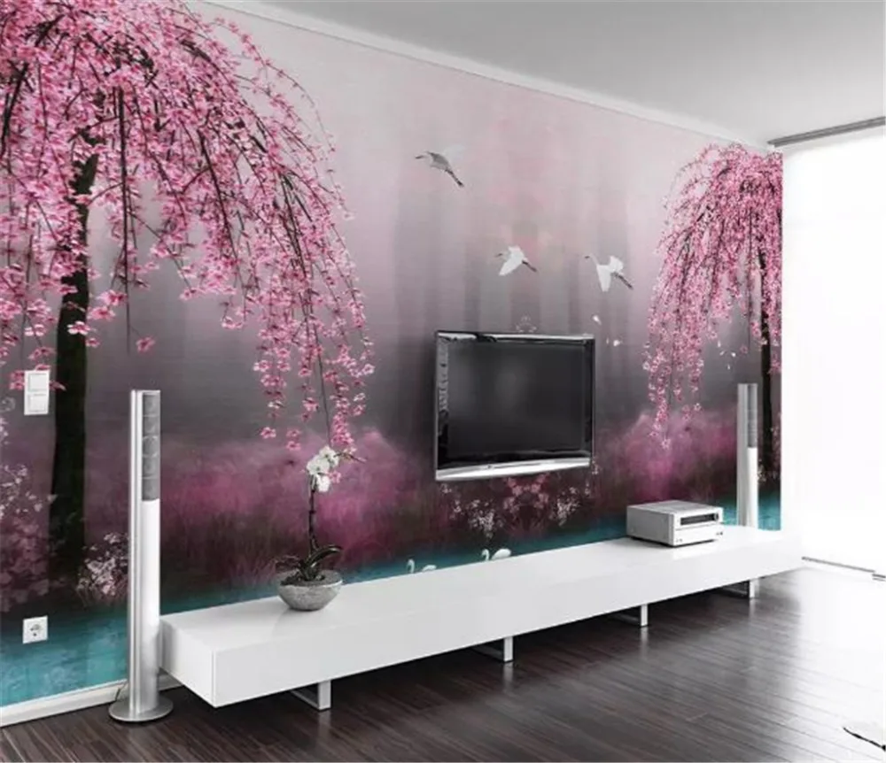 Пользовательские Любой размер 3d Wallpape красивые мечтательные розовые вишни Лебедь