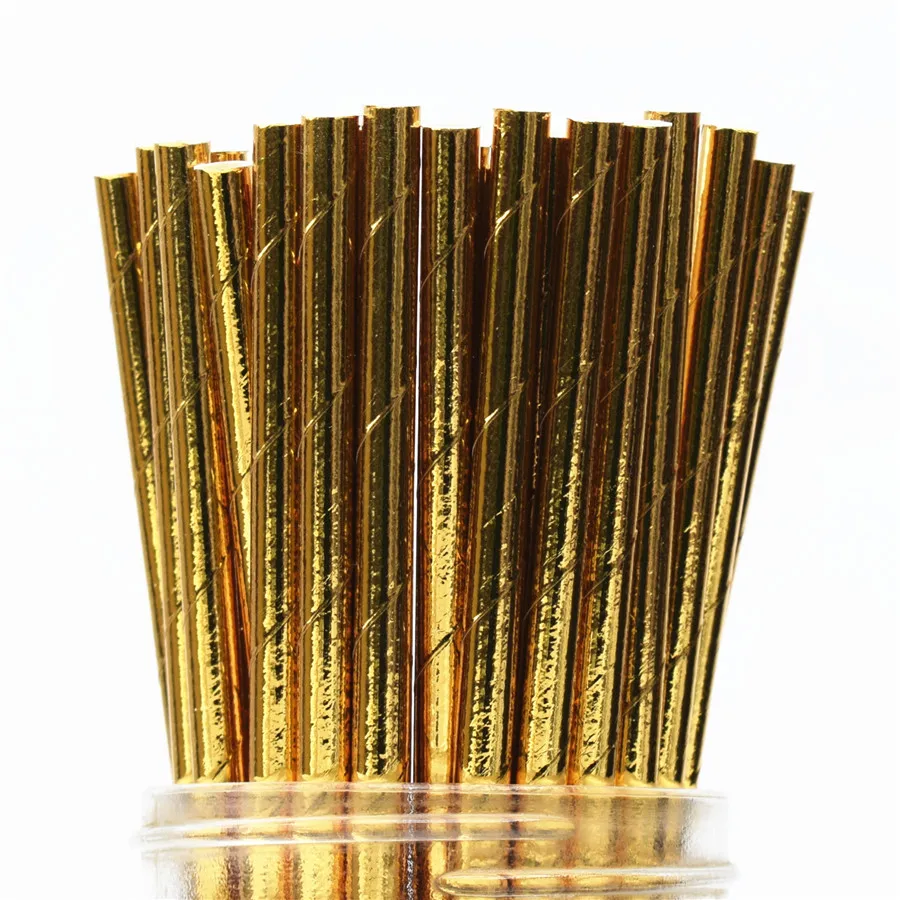 full gold straws 25 Одноразовая посуда с золотым краем в виде цветка, розовая бумажная тарелка, чашка, соломенный торт, деревянный нож, вилка, вечерние принадлежности, Европейский дворец, свадьба - Цвет: full gold straws 25