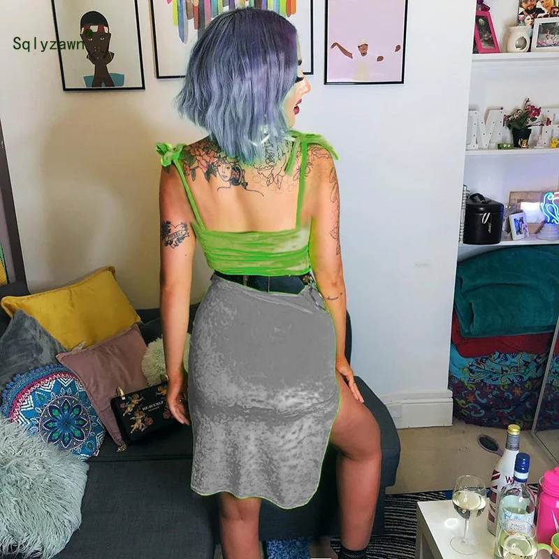 Сексуальные флуоресцентные зеленые укороченные топы летние женские вельветовые