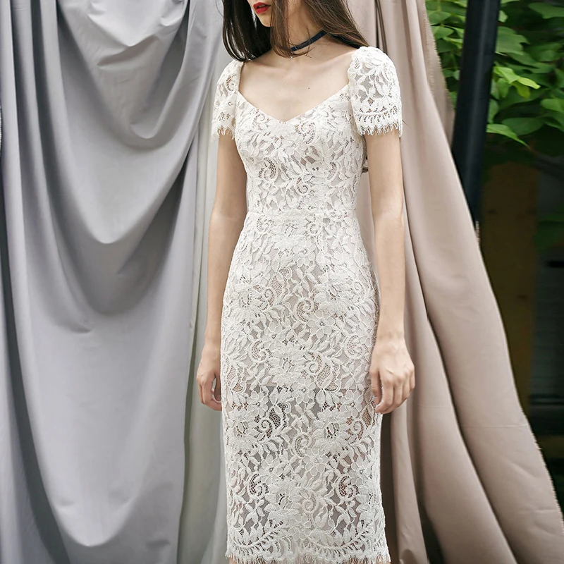 Женское кружевное платье-миди Max Spri Белое Облегающее вечернее платье с короткими